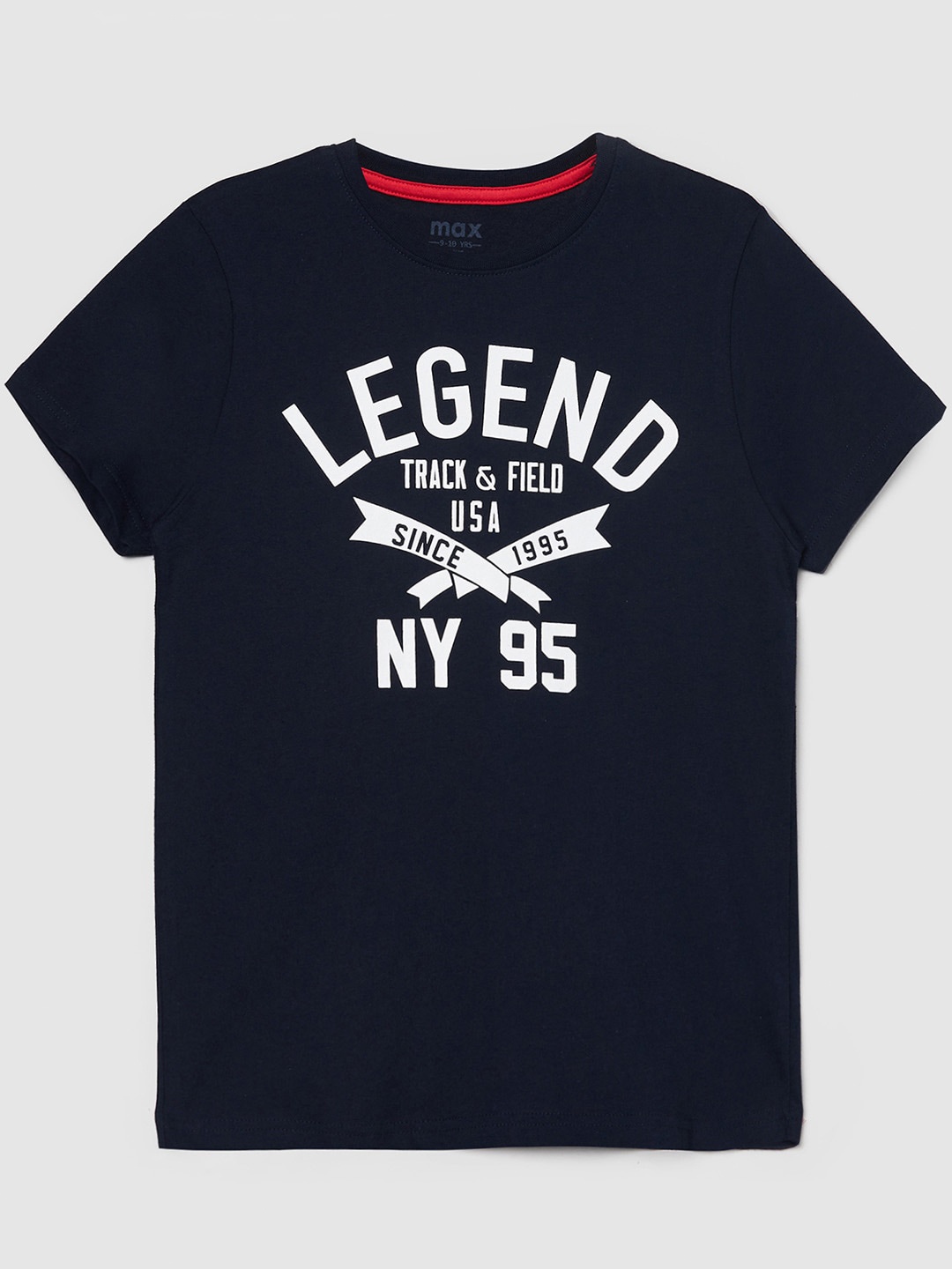 

max Boys Navy Blue & White Typography Printed Pure Cotton T-shirt
