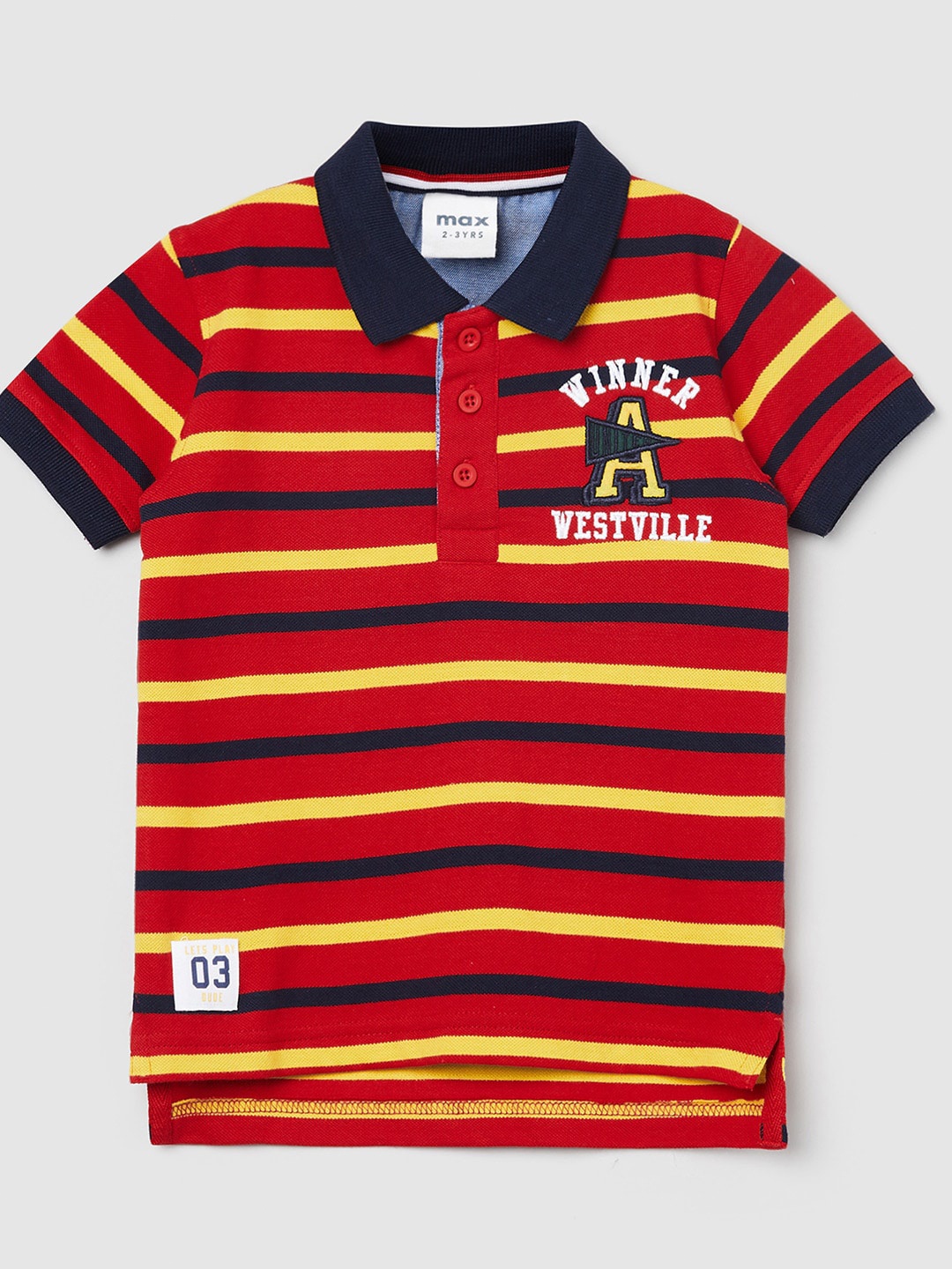 

max Boys Red & Navy Blue Striped Polo Collar Pure Cotton T-shirt
