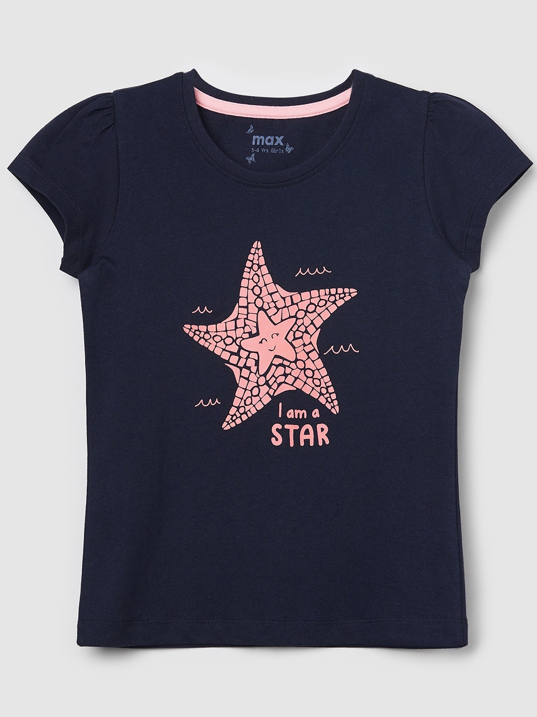 

max Girls Navy Blue Printed Puff Sleeves Pure Cotton T-shirt