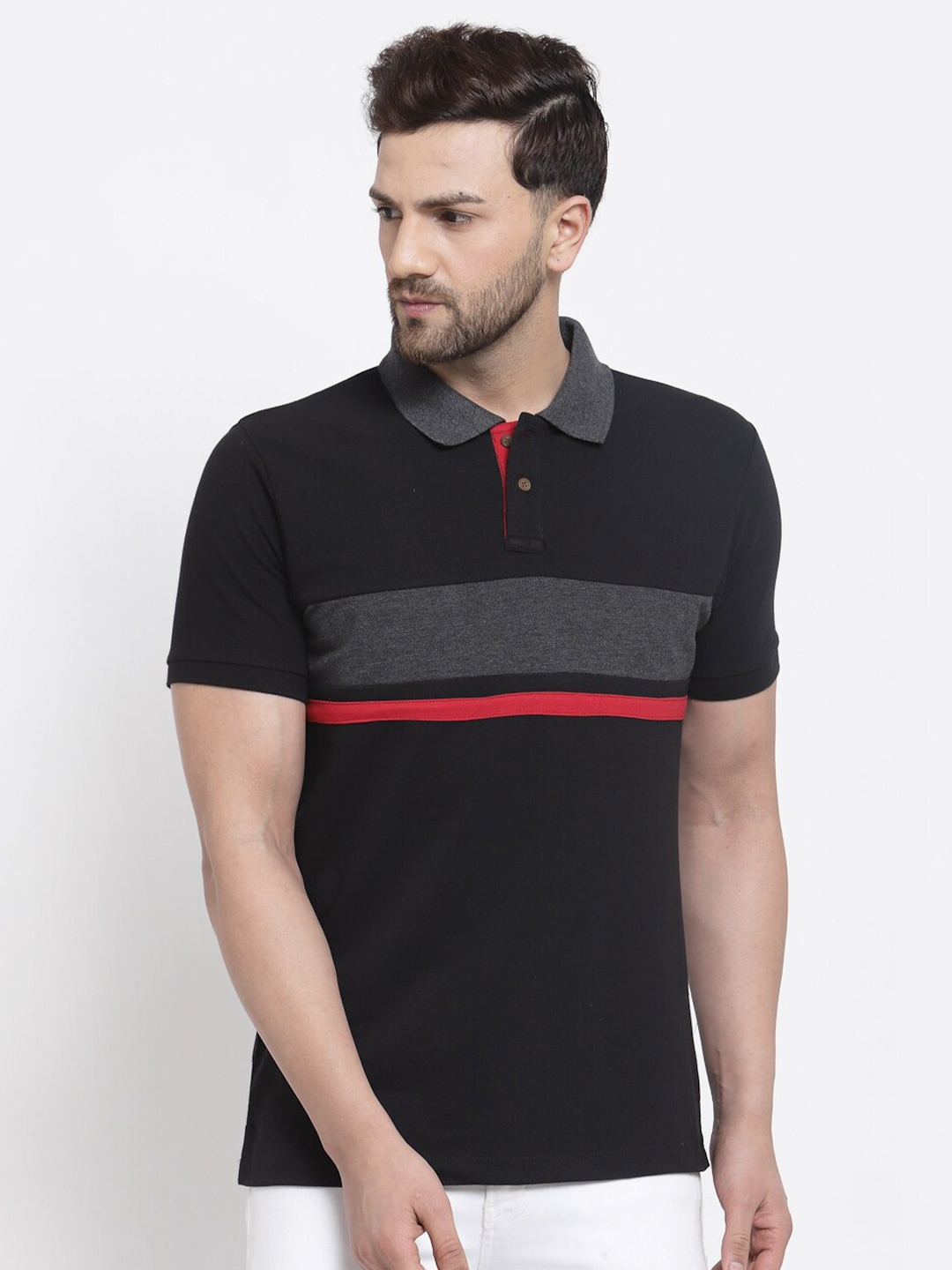 

Kalt Men Black & Red Half Sleeves Polo Collar T-shirt