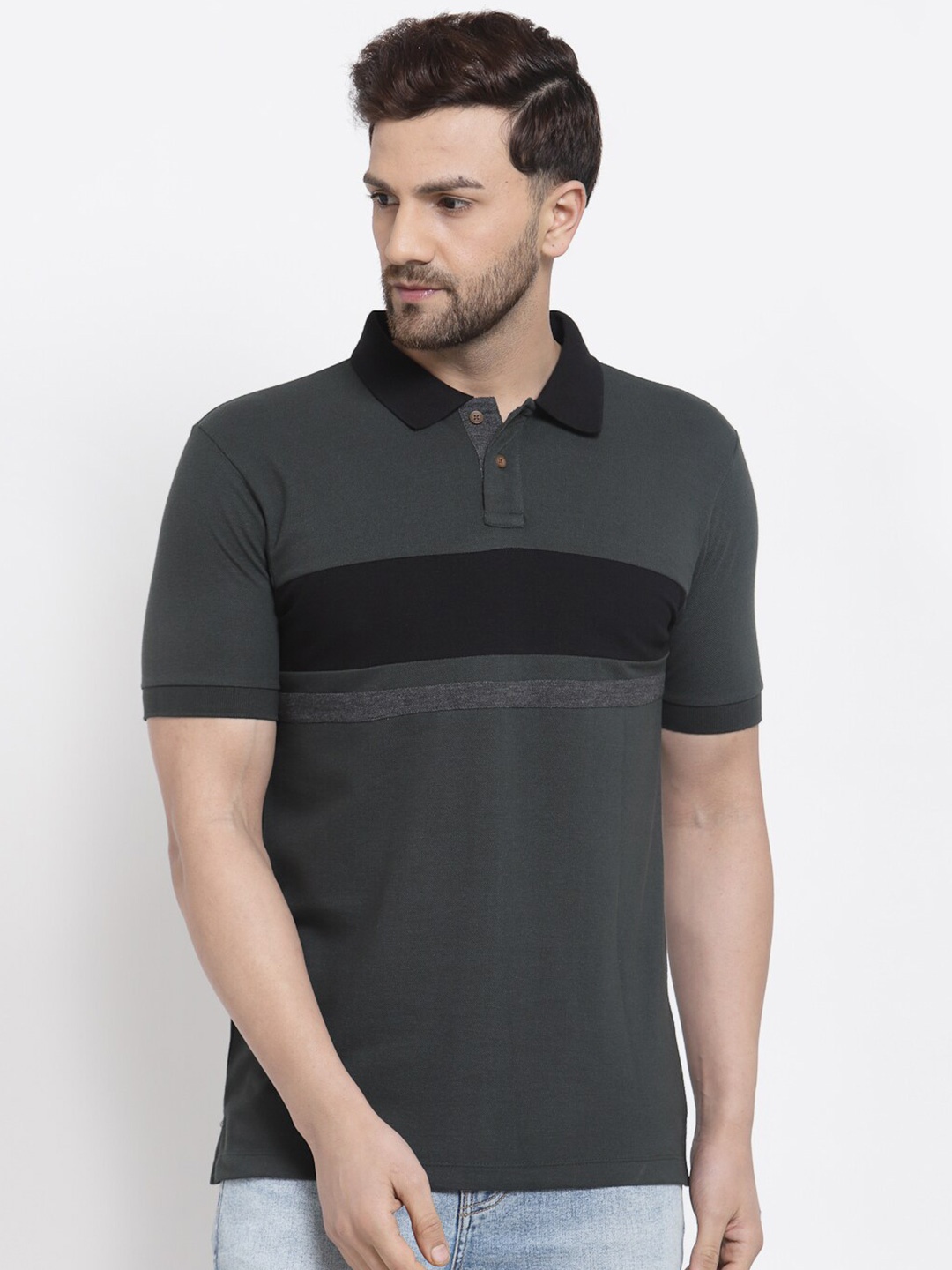 

Kalt Men Grey & Black Colourblocked Polo Collar Cotton T-shirt