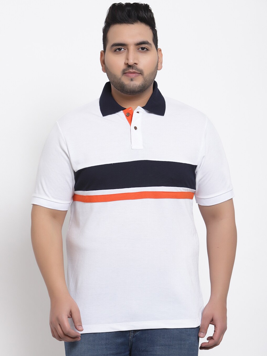 

Kalt Plus Size Men White & Navy Colourblocked Polo Collar T-shirt