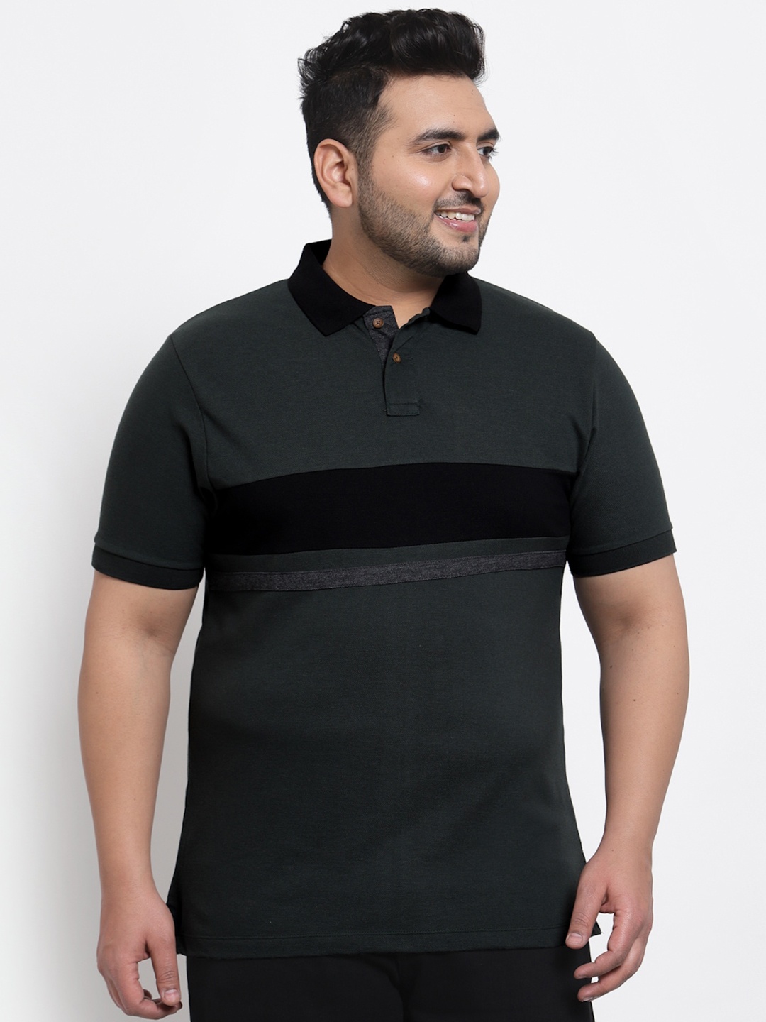 

Kalt Men Plus Size Charcoal Grey Striped Polo Collar T-shirt
