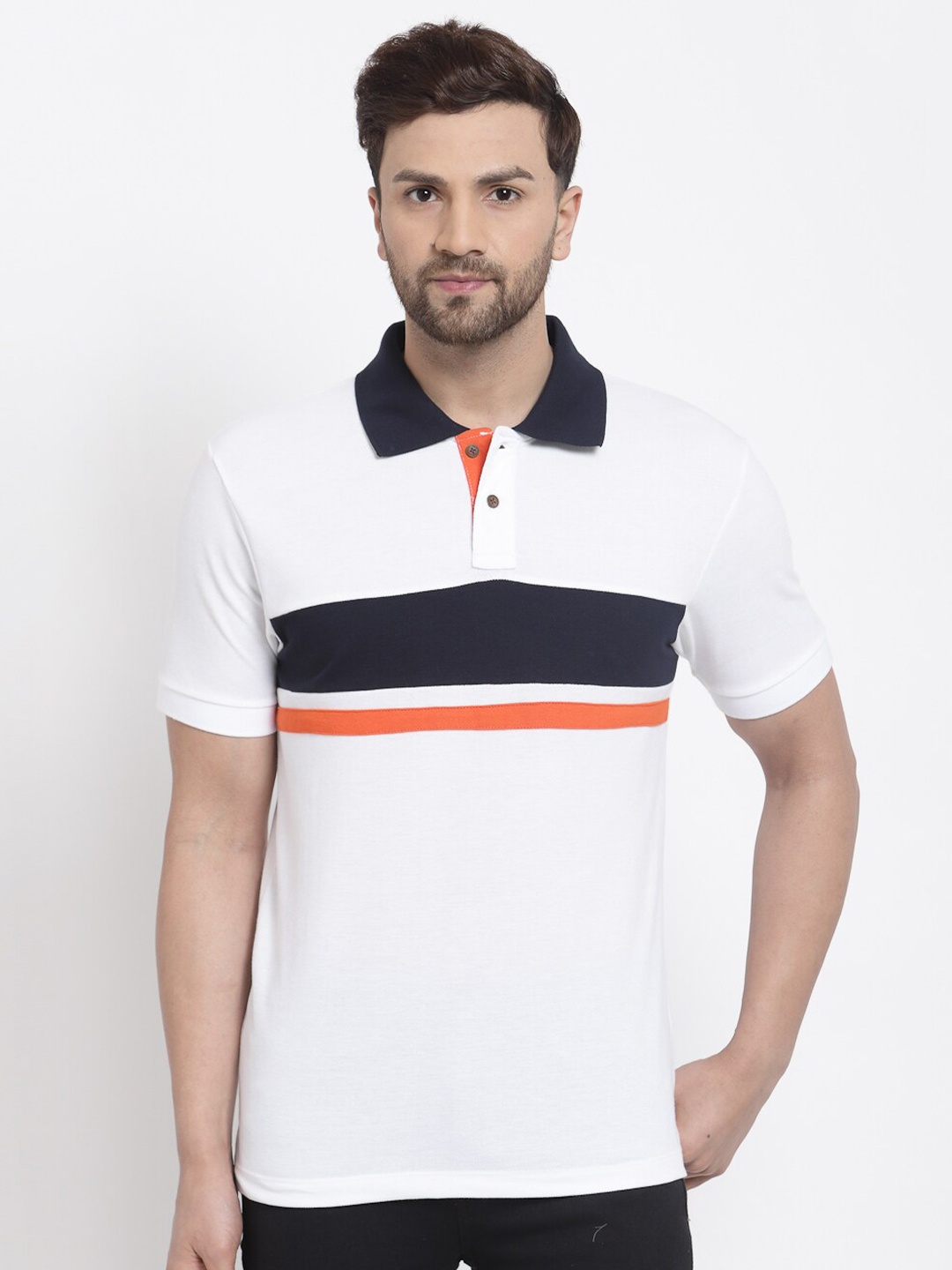 

Kalt Men White & Navy Blue Colourblocked Polo T-shirt