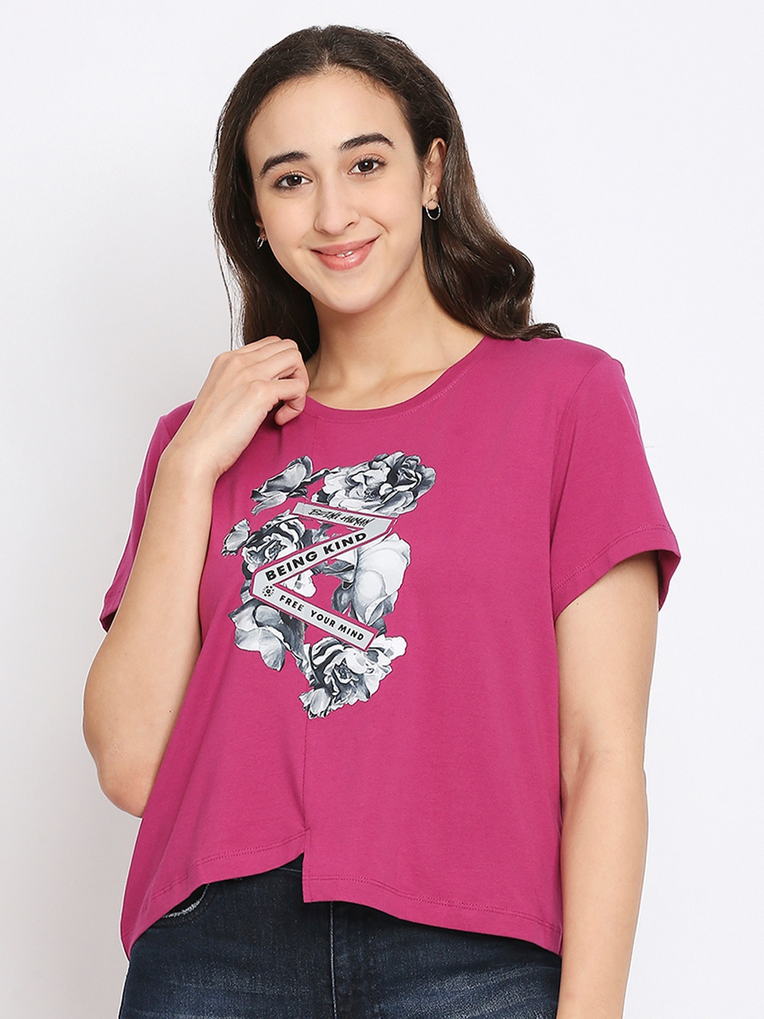 

Being Human Women Pink Printed Extended Sleeves Boxy T-shirt
