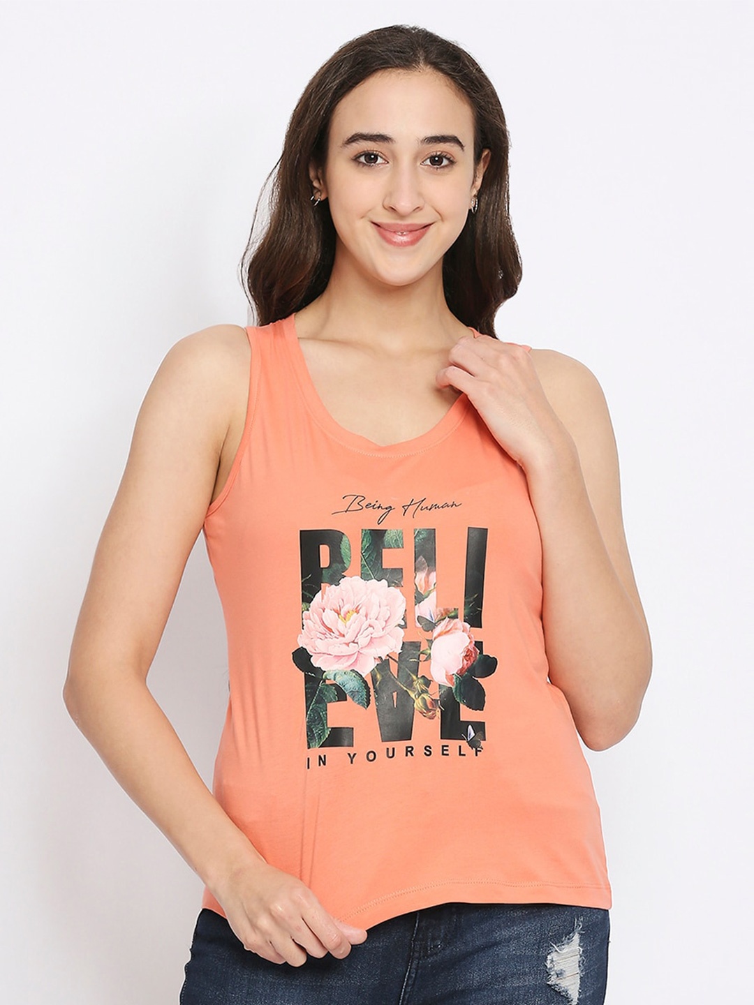 

Being Human Women Peach-Coloured Typography Printed Sleeveless T-shirt