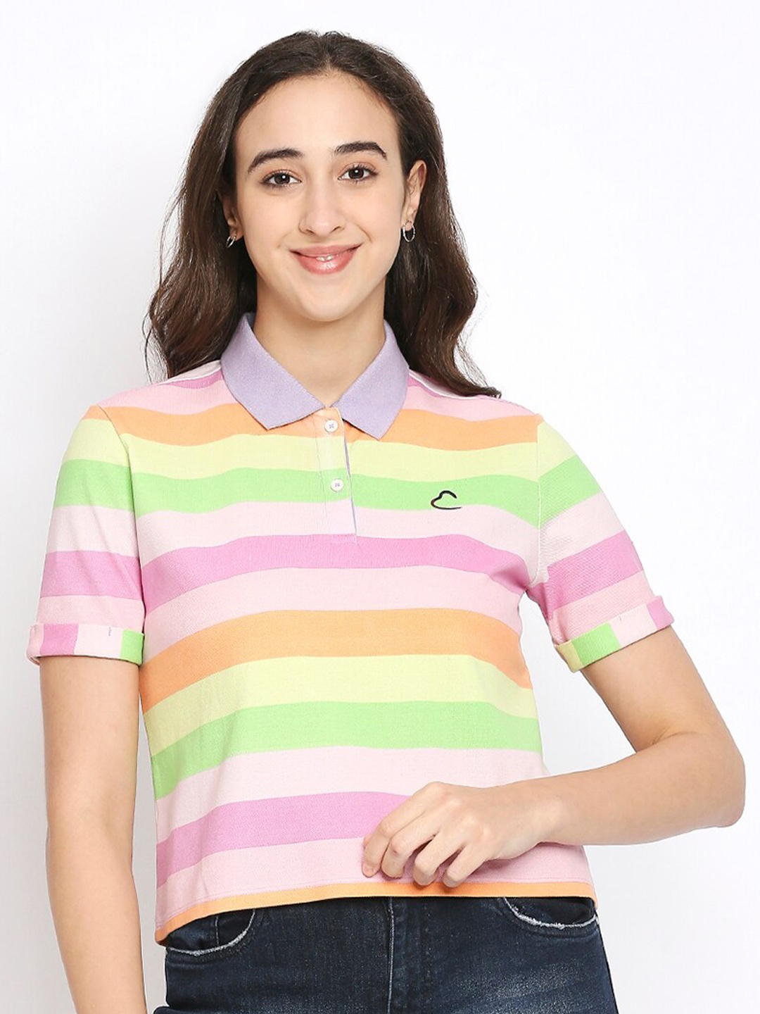 

Being Human Women Pink Striped Polo Collar Boxy T-shirt