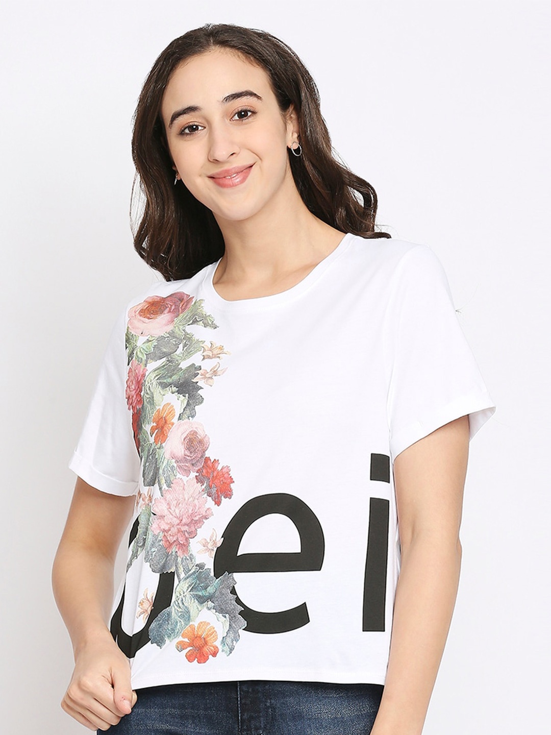 

Being Human Women White Floral Printed Pure Cotton Boxy T-shirt