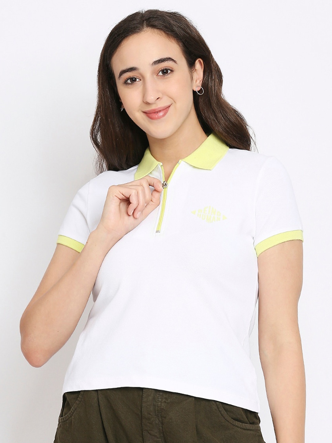 

Being Human Women White & Yellow Solid Polo Collar T-shirt