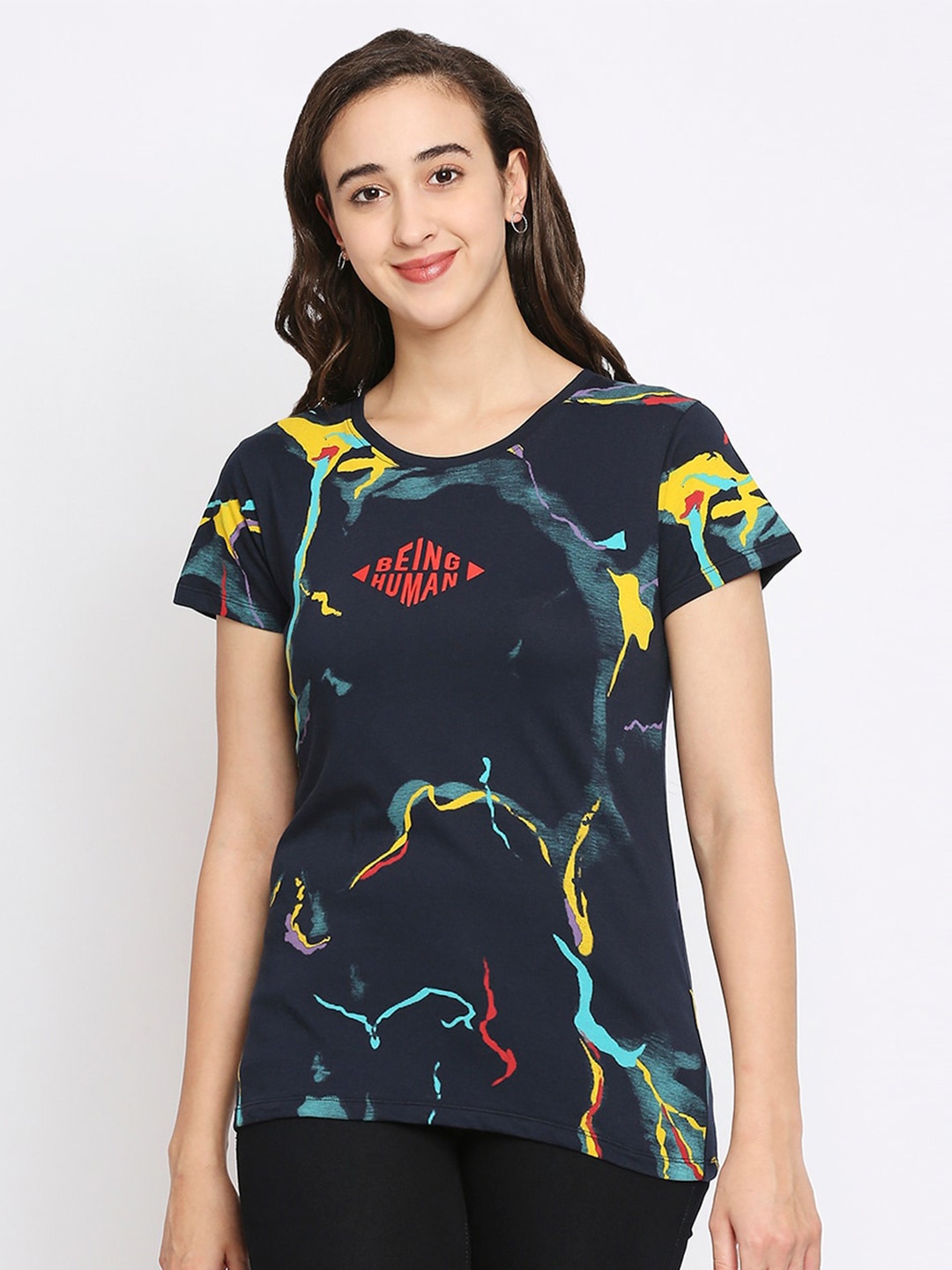 

Being Human Women Navy Blue Printed Pure Cotton Relaxed Fit T-shirt