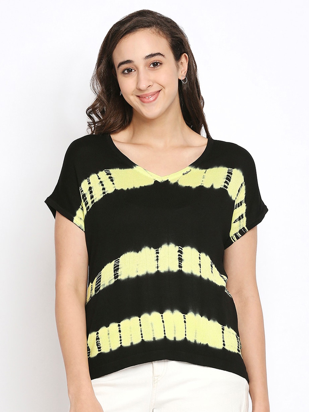 

Being Human Women Black & Yellow Tie and Dye Printed V-Neck Extended Sleeves T-shirt