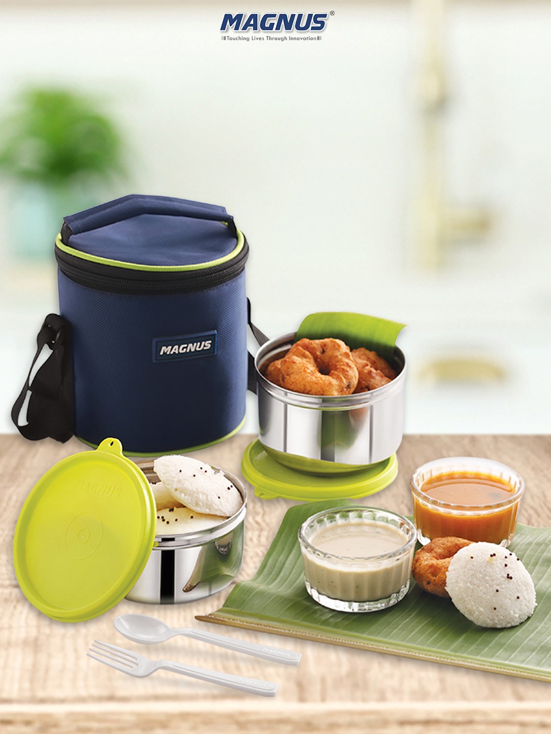 

MAGNUS Blue Stainless Steel Lunch Box With Bag