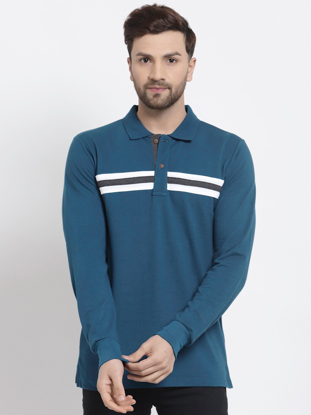 

Kalt Men Teal Striped Polo Collar Regular Fit T-shirt