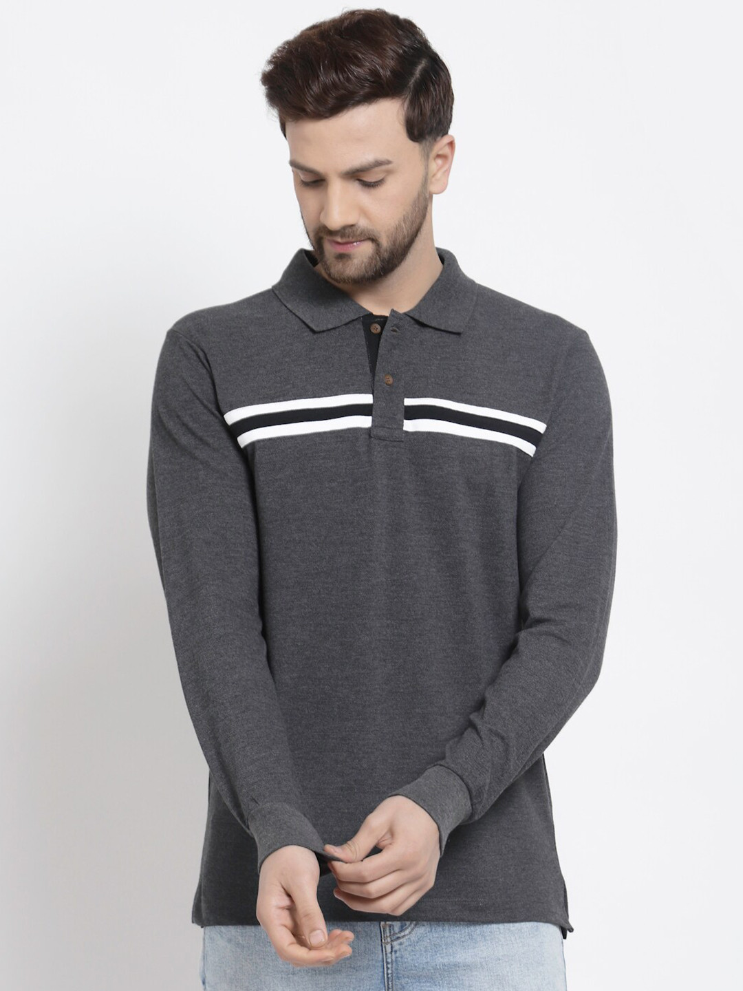 

Kalt Men Charcoal & White Striped Polo Collar T-shirt
