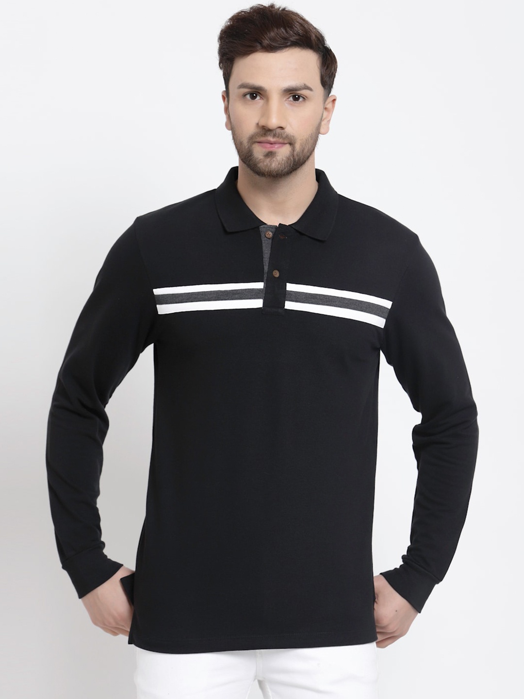 

Kalt Men Black & White Striped Polo Collar T-shirt