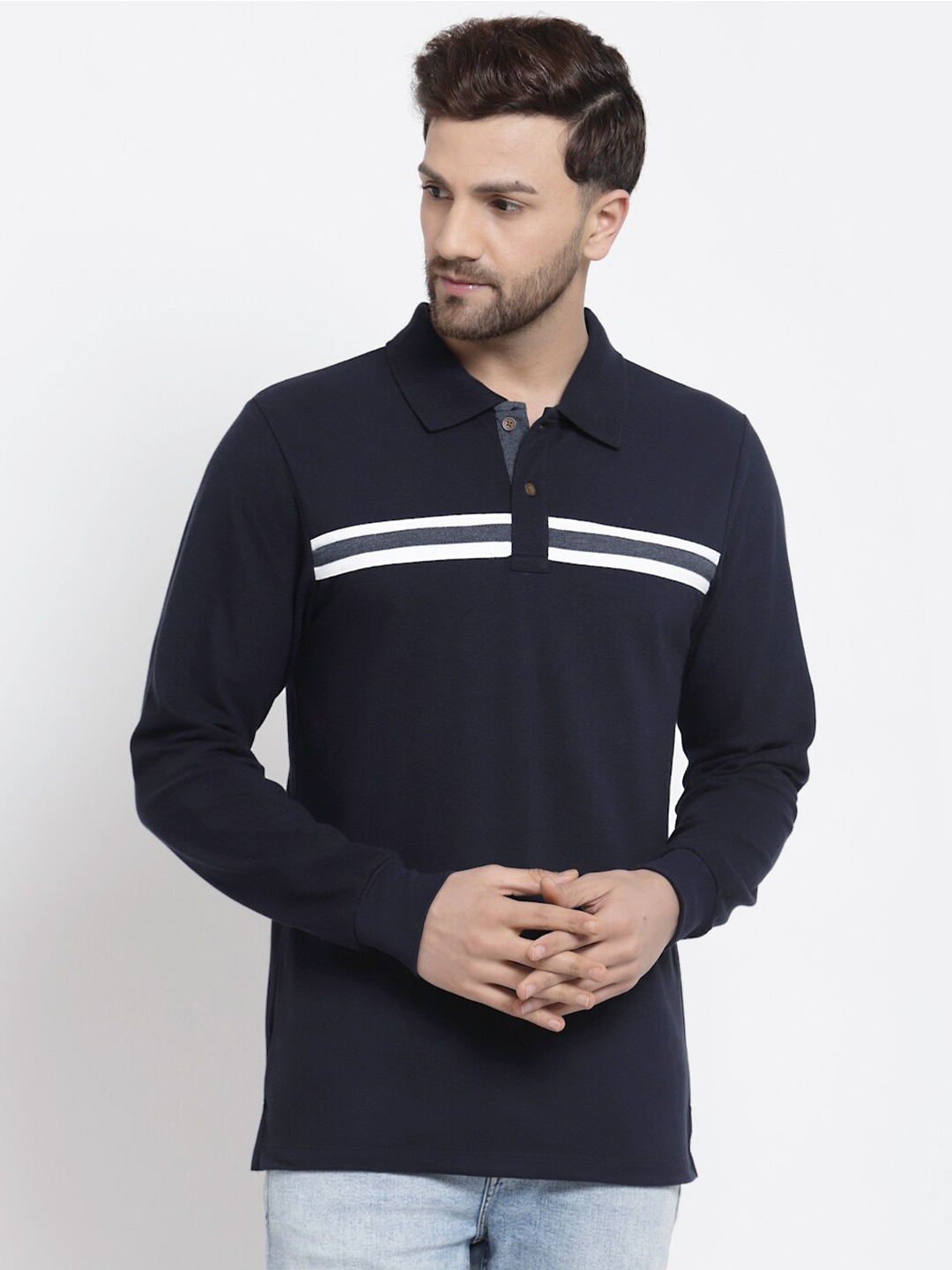 

Kalt Men Navy Blue Striped Polo Collar T-shirt