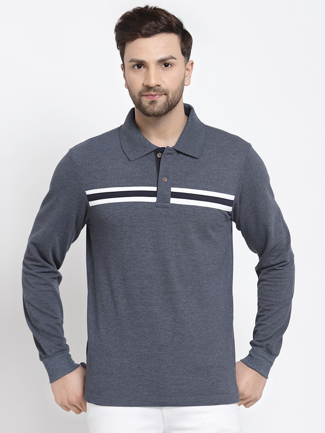 

Kalt Men Blue Striped Polo Collar T-shirt