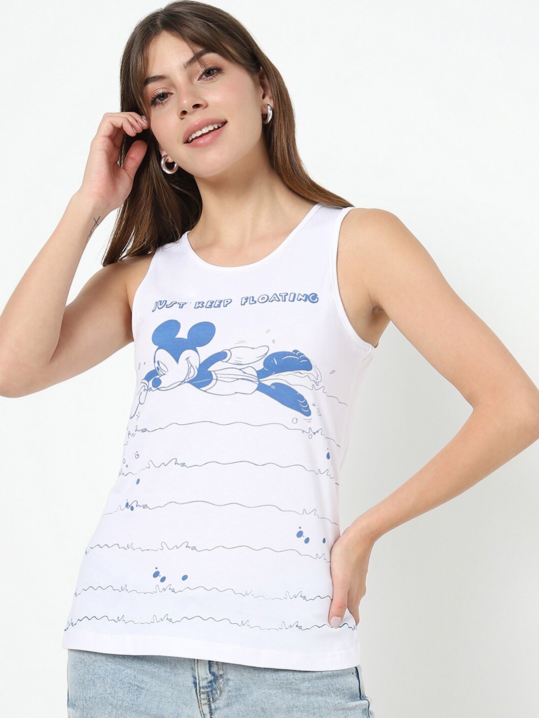 

Bewakoof Women White & Blue Mickey Mouse Printed Tank Top