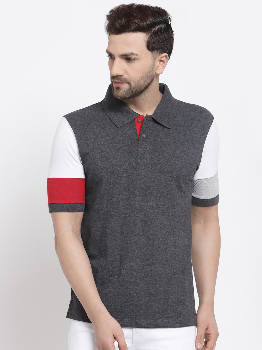 

Kalt Men Grey & White Colourblocked Polo Collar T-shirt