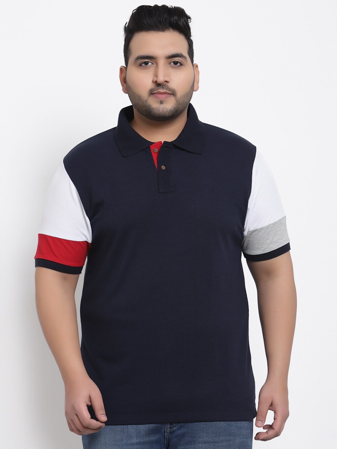 

Kalt Men Navy Blue Colourblocked Polo Collar Applique T-shirt