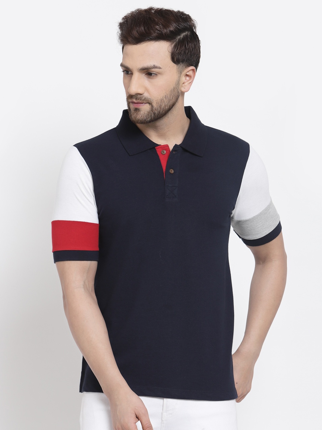 

Kalt Men Navy Blue & White Colourblocked Polo Collar T-shirt