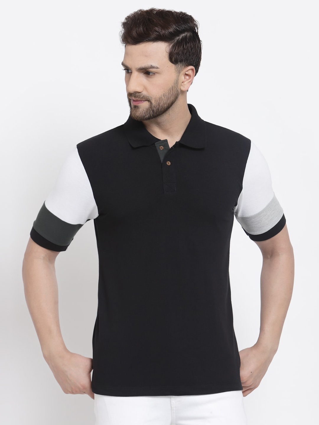 

Kalt Men Black & White Colourblocked Polo Collar T-shirt