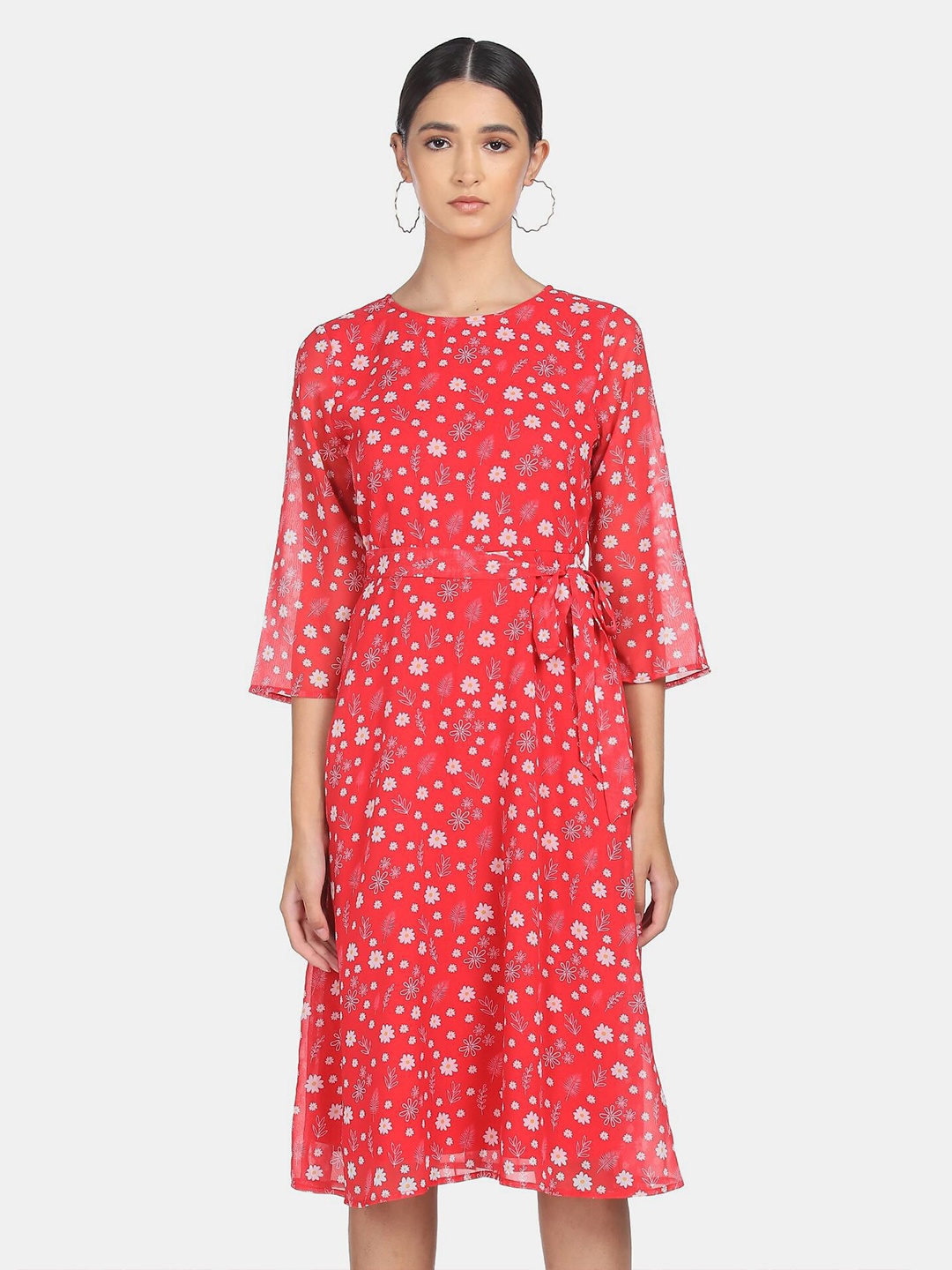 

SHFFL Women Red Floral A-Line Midi Dress