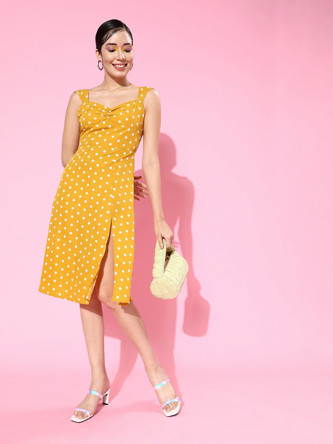 

Berrylush Women Mustard Yellow Polka Dots Print Crepe A-Line Dress