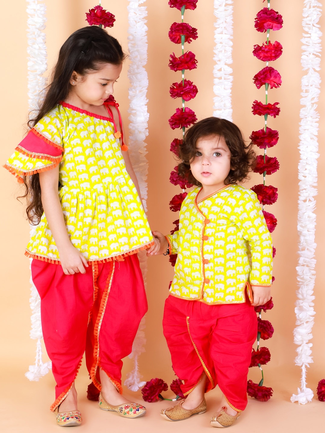 

KID1 Girls Green & Pink Frilly Sleeves Peplum Top with Dhoti