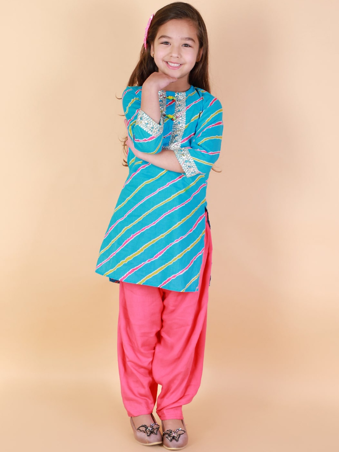 

KID1 Girls Turquoise Blue Striped Gotta Patti Pure Cotton Kurta with Salwar