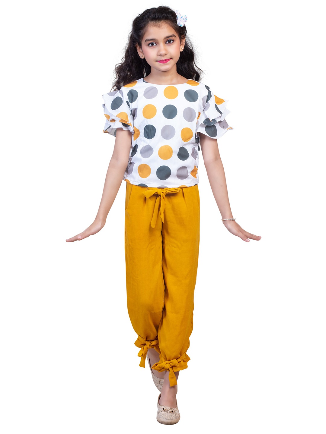

Nottie Planet Girls Mustard & White Polka Dots Printed Top & Trousers
