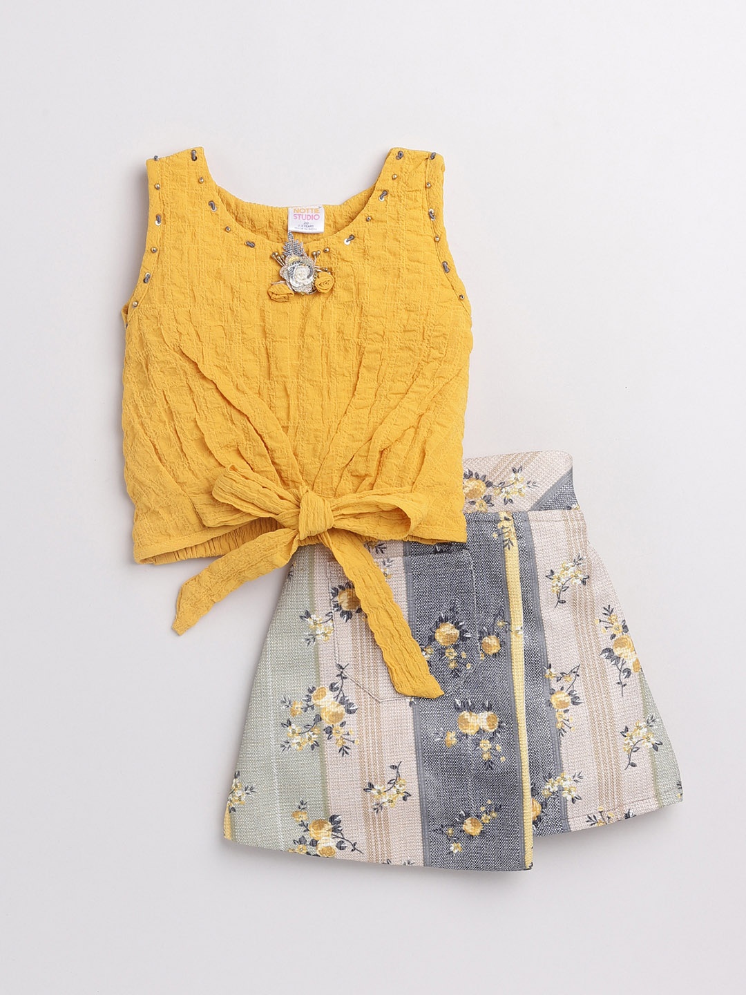 

Nottie Planet Girls Mustard Solid Top With Printed Skirt