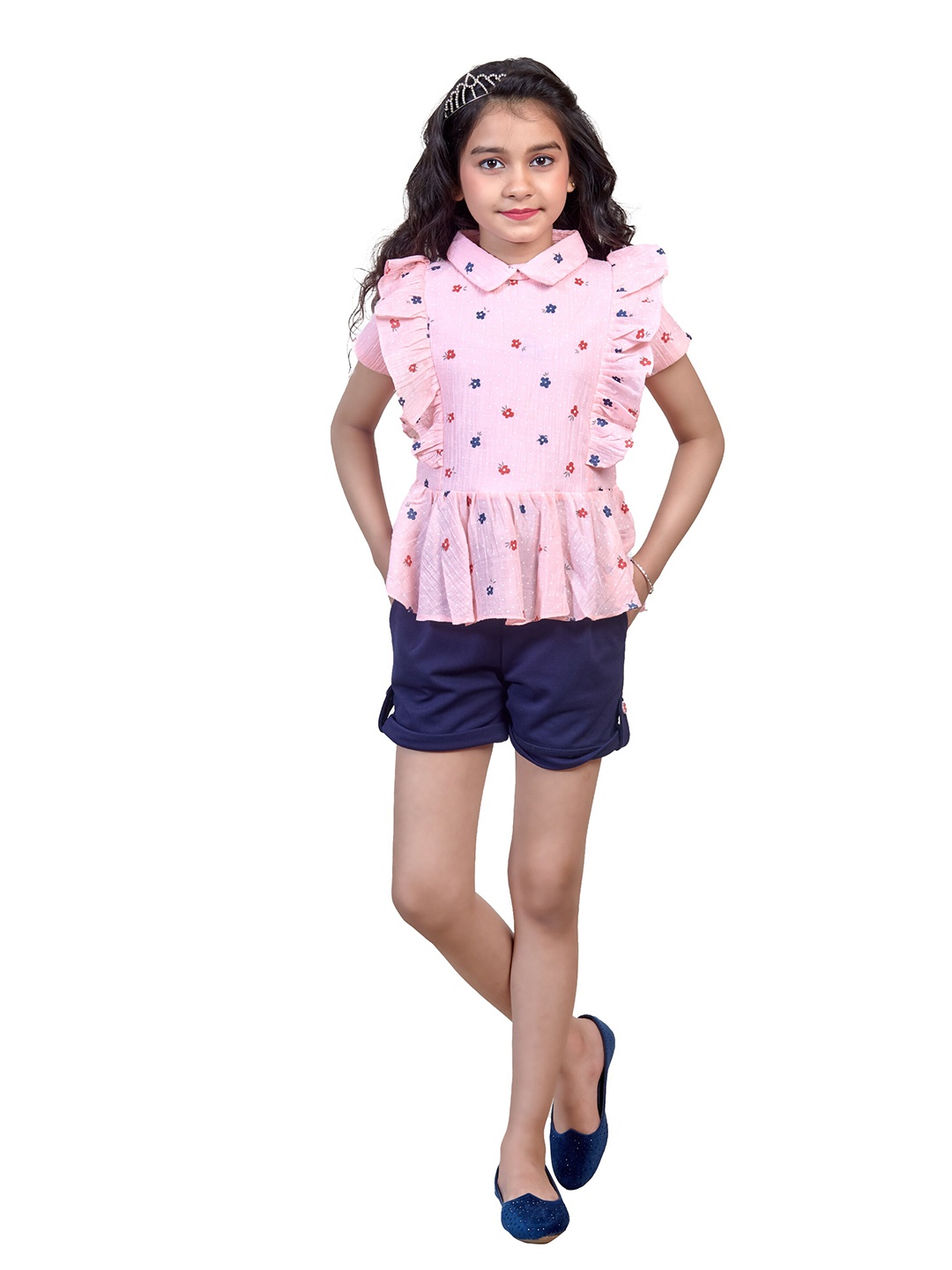 

Nottie Planet Girls Pink & Navy Blue Top With Solid Trouser