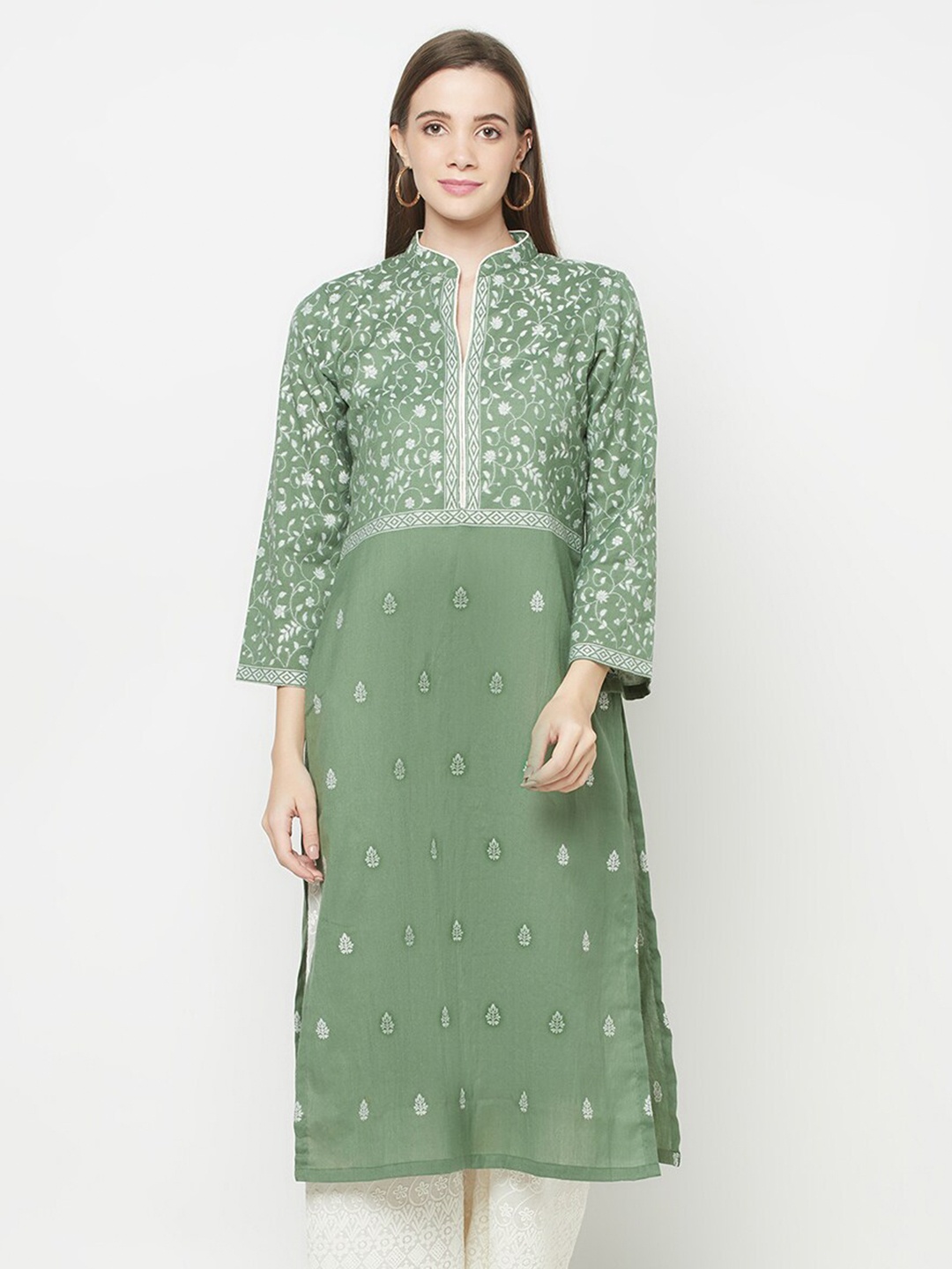 

Safaa Women Olive Green & White Woven Design Kurta