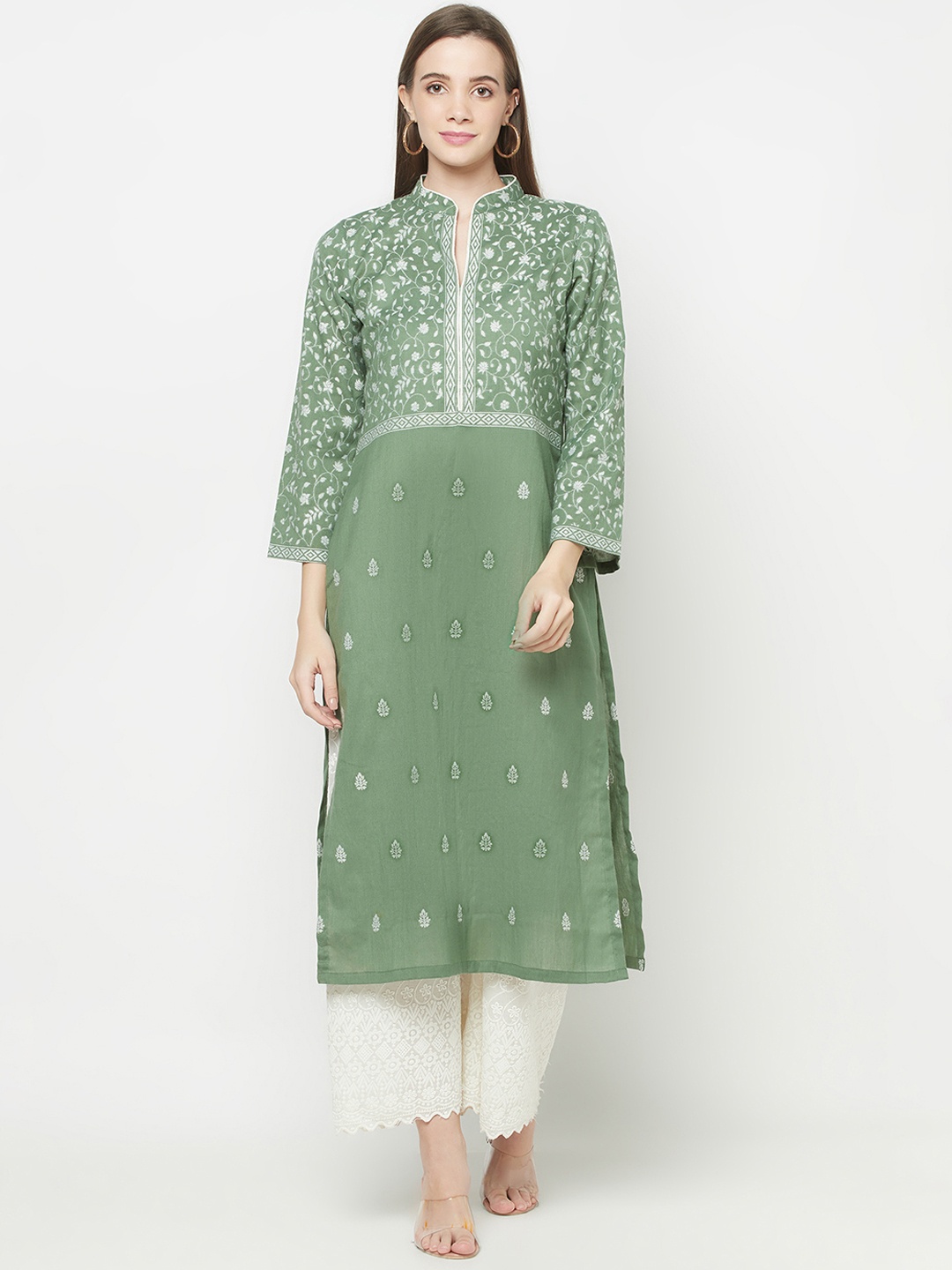 

Safaa Olive Green & White Ethnic Motifs Woven Design Kurti