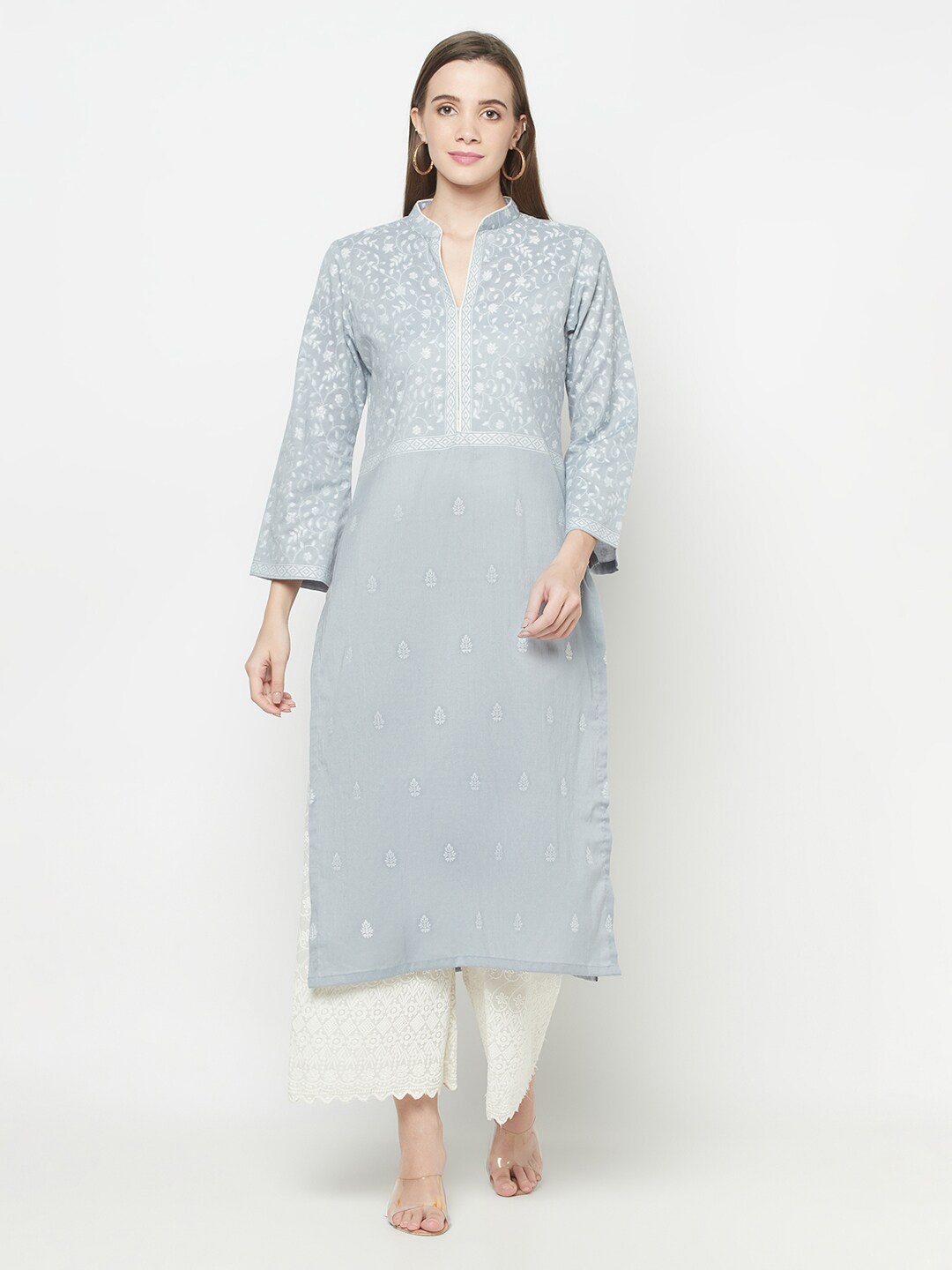 

Safaa Women Grey & White Floral Woven Design Kurta