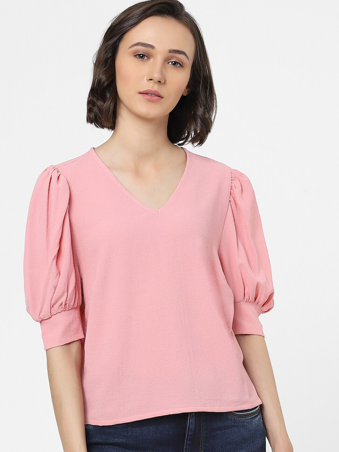 

ONLY Women Pink Solid Puff Sleeve Regular Top