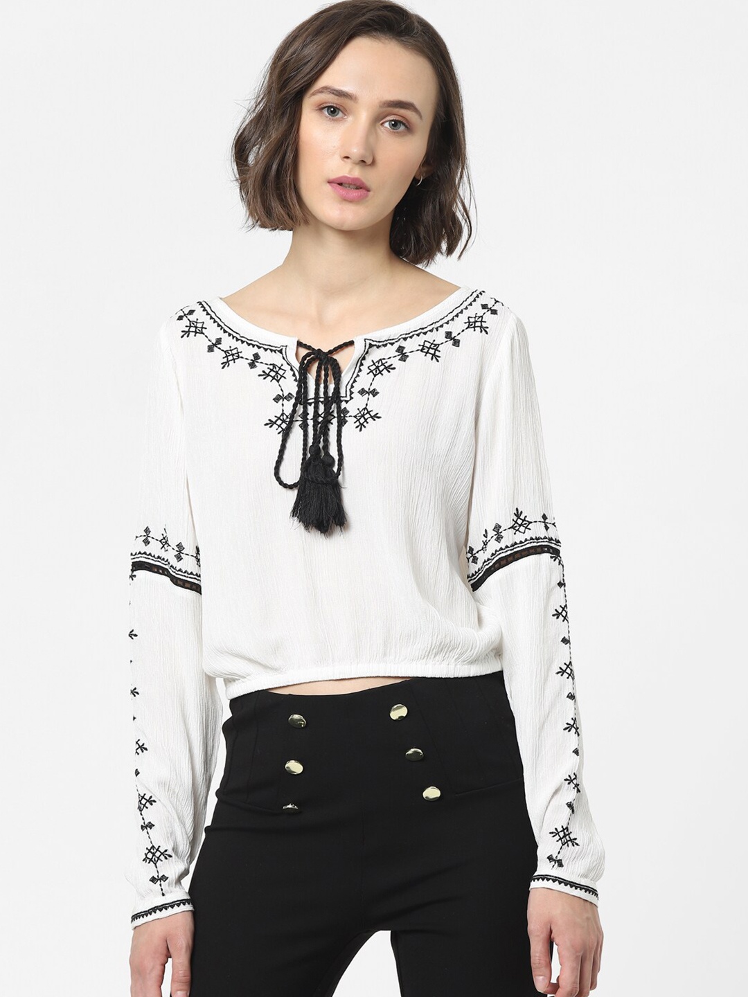

ONLY White & Black Geometric Embroidered Tie-Up Neck Top