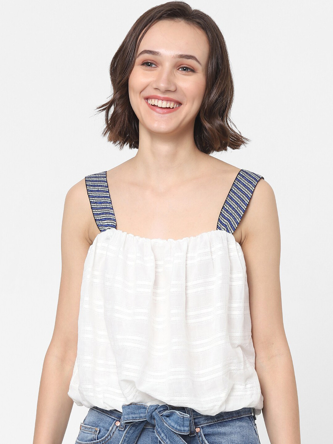 

ONLY Women White Horizontal Striped Printed Cotton Top
