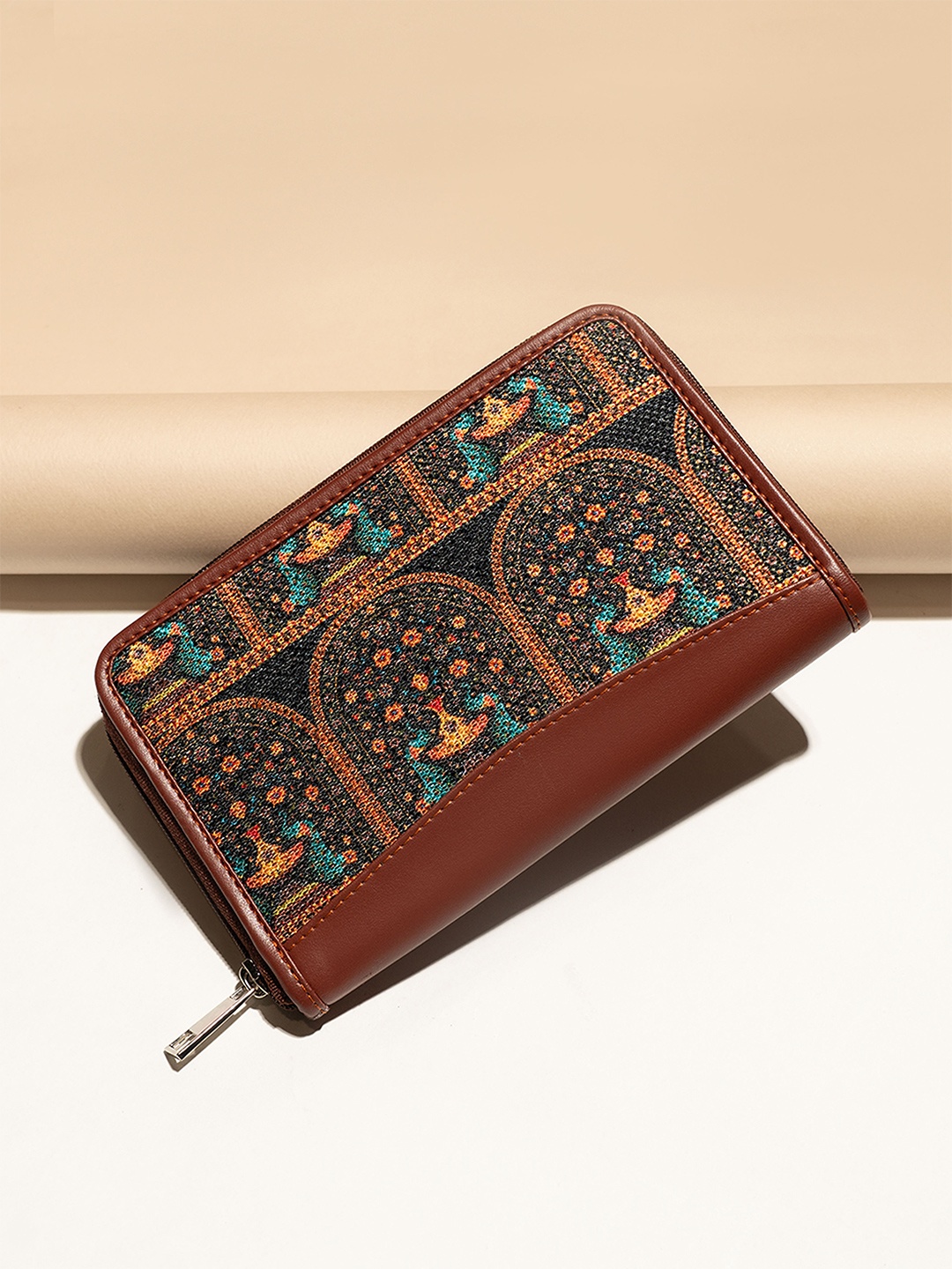 

ZOUK Women Brown & Blue Ethnic Motifs Printed Zip Around Wallet with SIM Card Holder