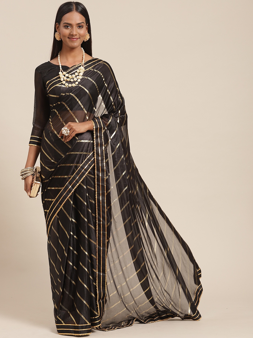 

SIRIL Black Leheriya Gota Patti Foil Silk Blend Saree