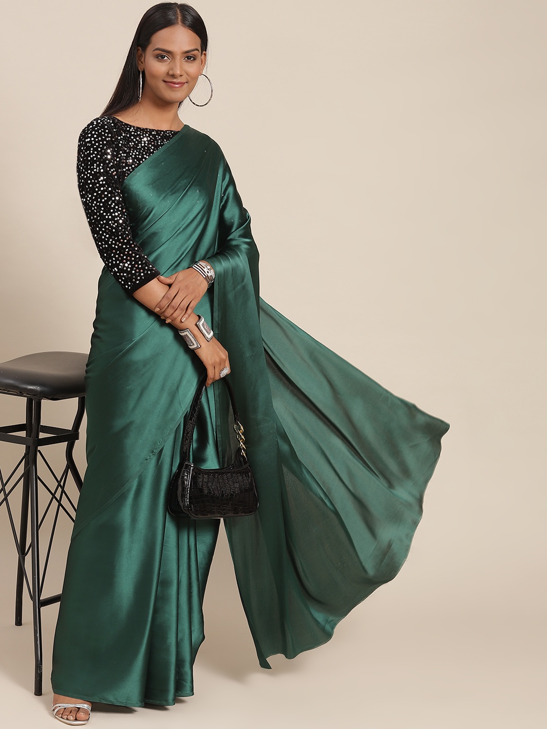 

SIRIL Green Satin Saree