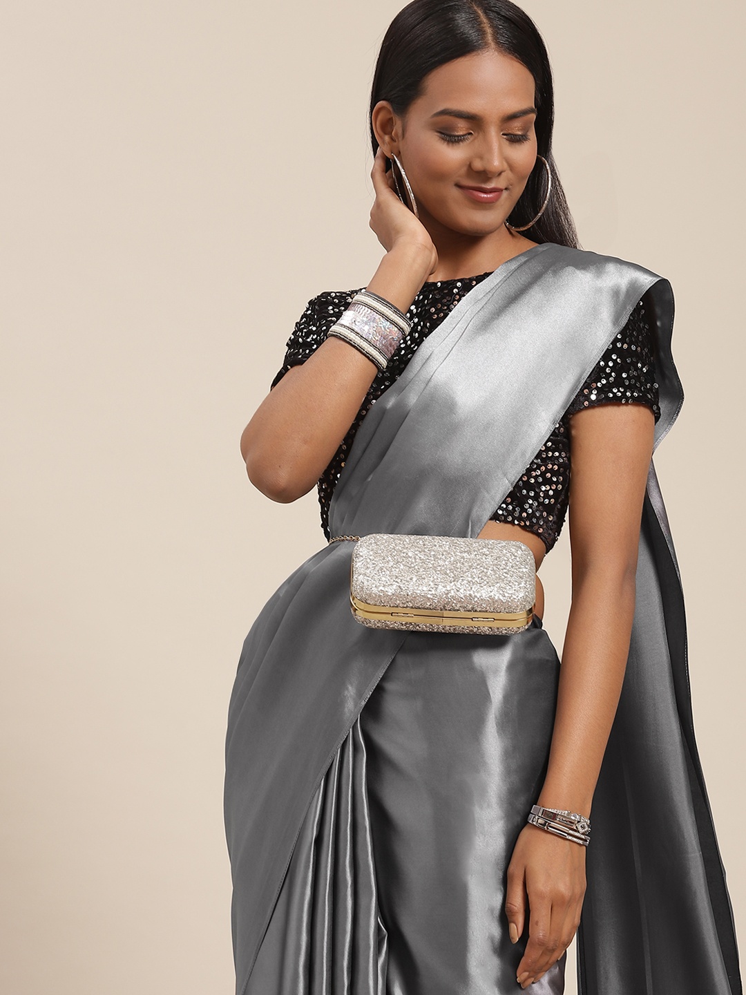 

SIRIL Grey Satin Silk Saree