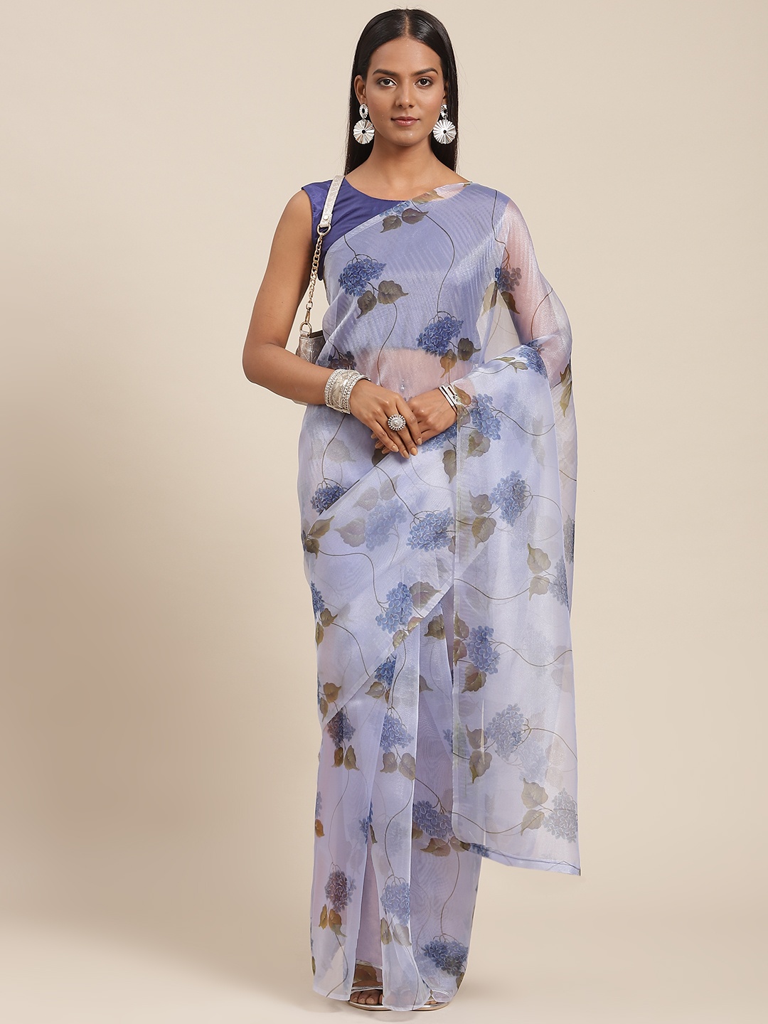 

SIRIL Blue Floral Organza Saree