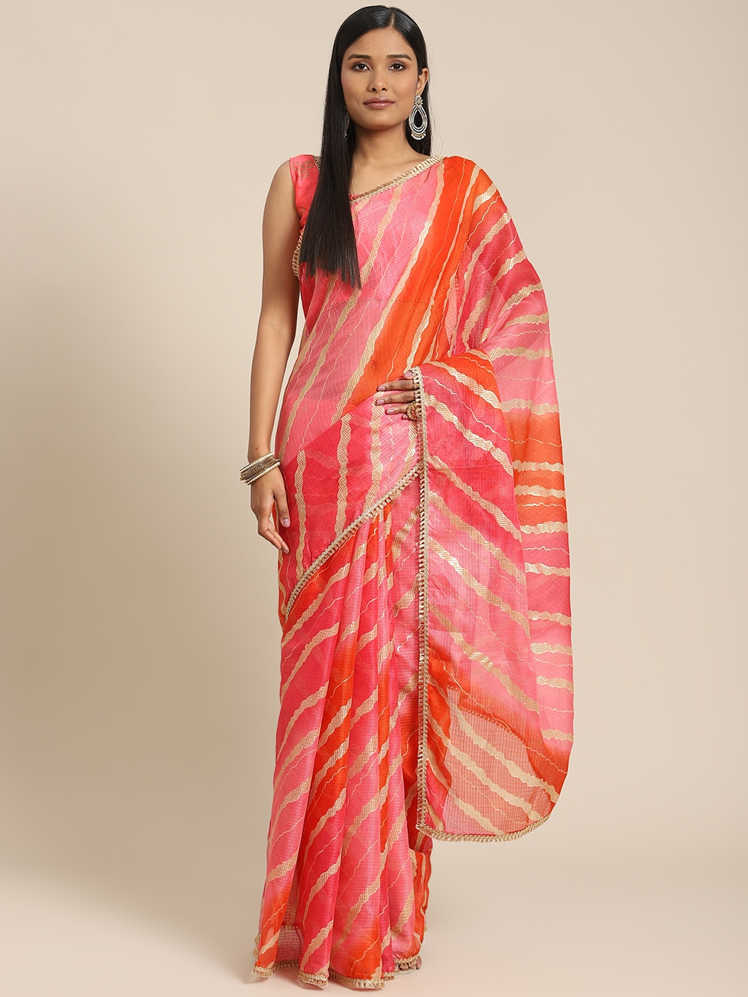 

Indi INSIDE Pink Leheriya Foil Printed Leheriya Gota Lace Kota Saree