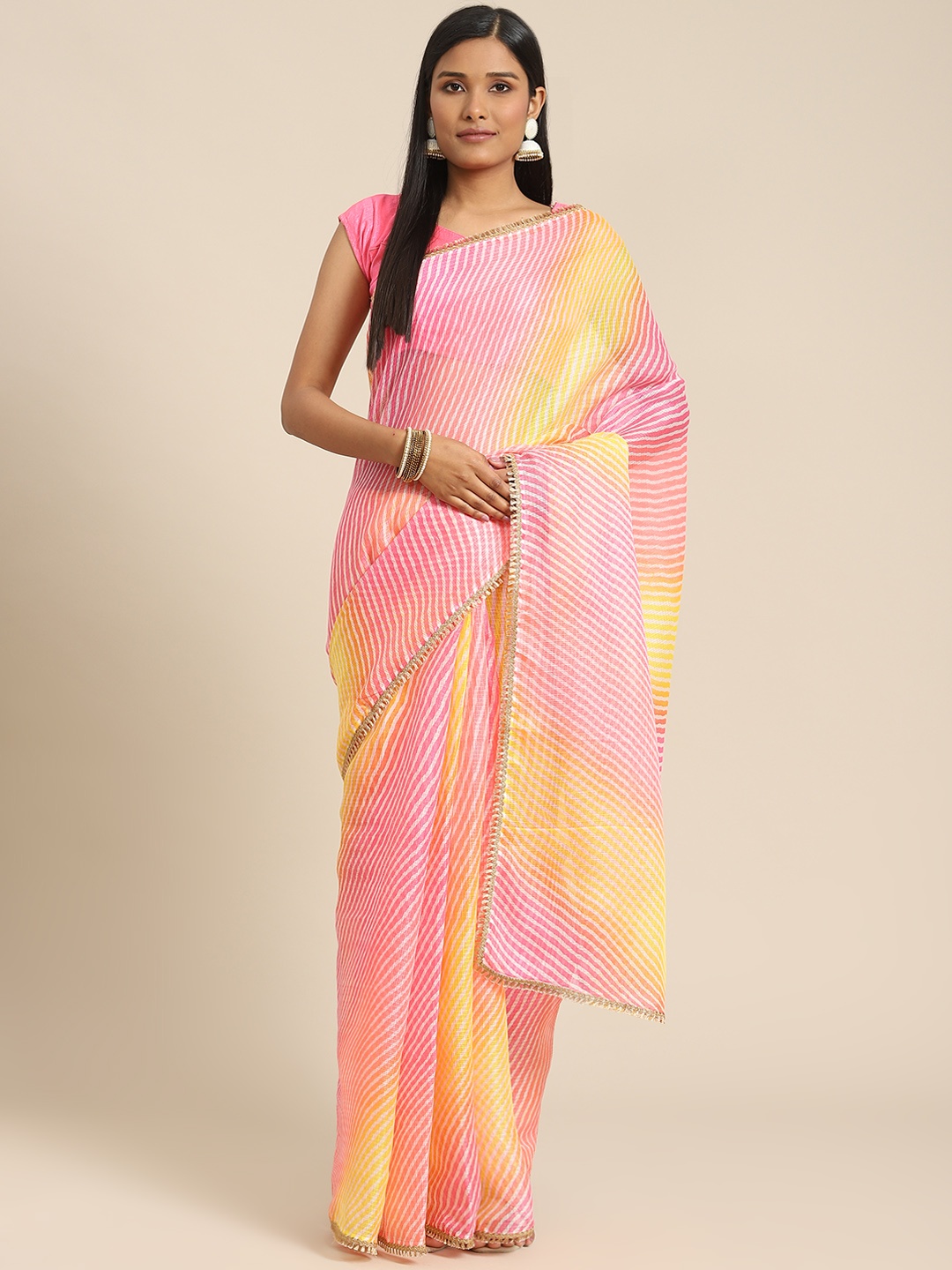 

Indi INSIDE Pink & Yellow Leheriya Gota Lace Kota Saree