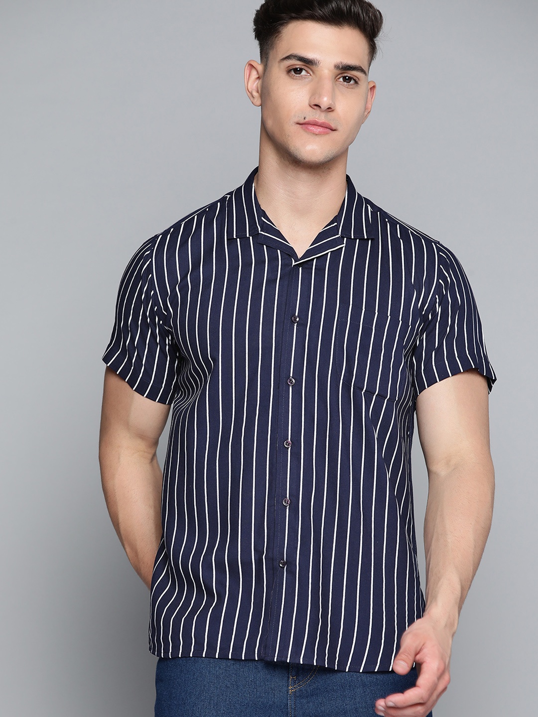 

DENNISON Men Navy Blue Striped Smart Slim Fit Casual Shirt