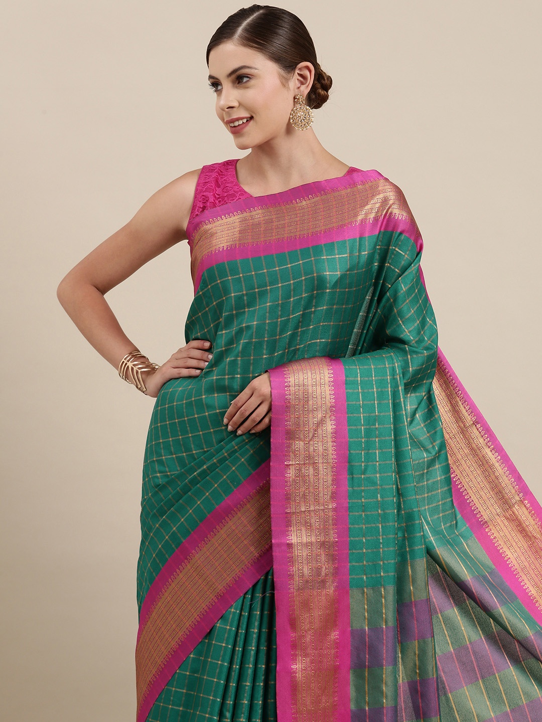 

Mitera Women Teal Green & Pink Checked Zari Silk Cotton Saree