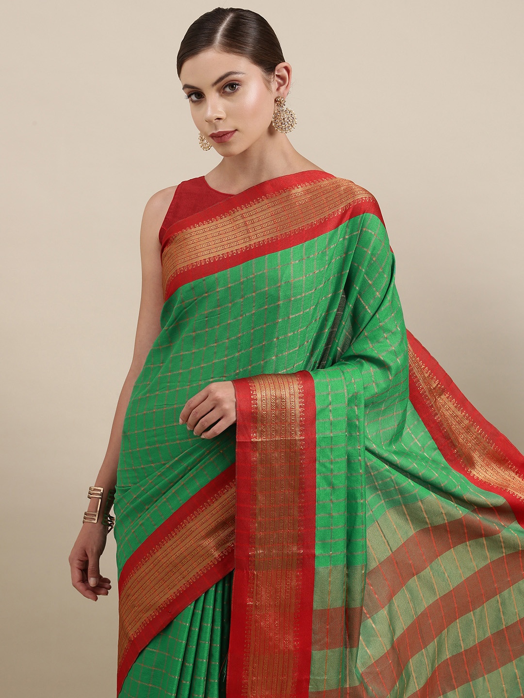 

Mitera Women Green & Red Checked Zari Silk Cotton Saree