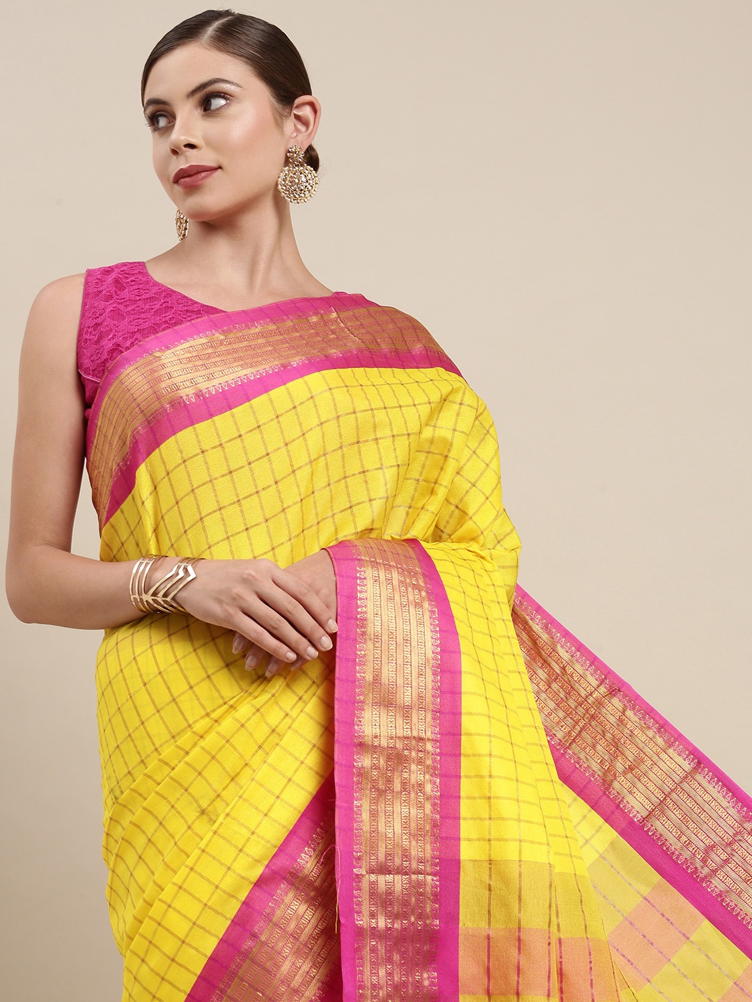 

Mitera Women Yellow & Pink Checked Zari Silk Cotton Saree
